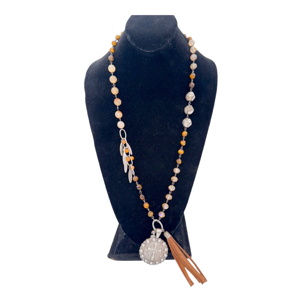 Vintage Shyanne Tiger Eye, Silvertone Feathers & Crystal Glass Beaded Necklace